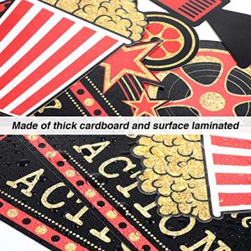 Hicarer 32 Pieces Movie Party Decorations Red Carpet Cutouts Cards Table Toppers Movie Theme Decor Double Sided Printing Golden Black Red for Night Party Supplies