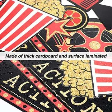 Hicarer 32 Pieces Movie Party Decorations Red Carpet Cutouts Cards Table Toppers Movie Theme Decor Double Sided Printing Golden Black Red for Night Party Supplies