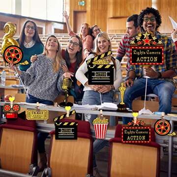 Hicarer 32 Pieces Movie Party Decorations Red Carpet Cutouts Cards Table Toppers Movie Theme Decor Double Sided Printing Golden Black Red for Night Party Supplies