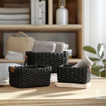 La Jolie Maison Small Black Wicker Baskets Set of 3, Paper Rope Storage Baskets with Handle, Small Woven Baskets for Organizing, Decorative Cute Baskets for Gifts