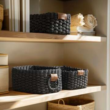 La Jolie Maison Small Black Wicker Baskets Set of 3, Paper Rope Storage Baskets with Handle, Small Woven Baskets for Organizing, Decorative Cute Baskets for Gifts