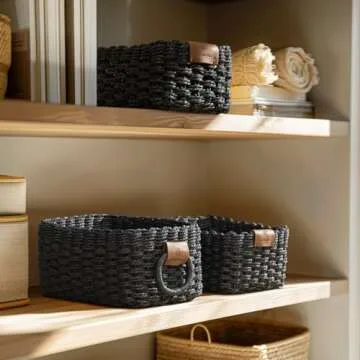 La Jolie Maison Small Black Wicker Baskets Set of 3, Paper Rope Storage Baskets with Handle, Small Woven Baskets for Organizing, Decorative Cute Baskets for Gifts