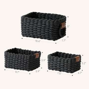 La Jolie Maison Small Black Wicker Baskets Set of 3, Paper Rope Storage Baskets with Handle, Small Woven Baskets for Organizing, Decorative Cute Baskets for Gifts