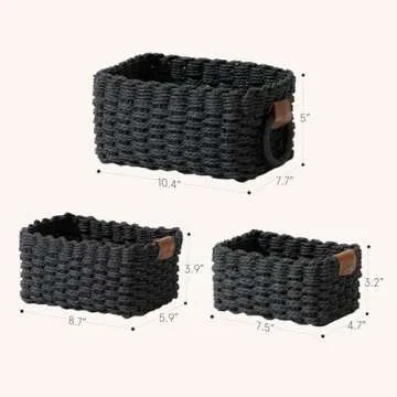 La Jolie Maison Small Black Wicker Baskets Set of 3, Paper Rope Storage Baskets with Handle, Small Woven Baskets for Organizing, Decorative Cute Baskets for Gifts