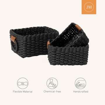 La Jolie Maison Small Black Wicker Baskets Set of 3, Paper Rope Storage Baskets with Handle, Small Woven Baskets for Organizing, Decorative Cute Baskets for Gifts