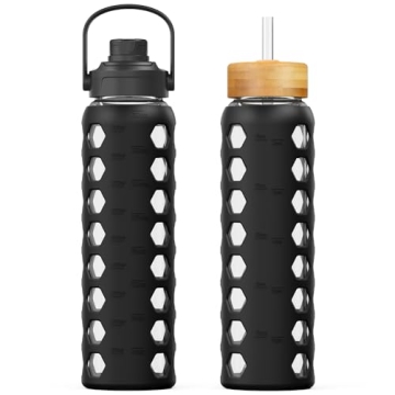 MUKOKO 32oz Glass Water Bottle with Dual Lids