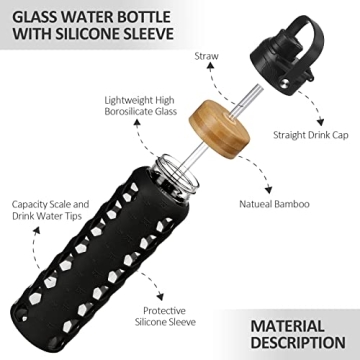 MUKOKO 32oz Glass Water Bottle with Dual Lids