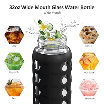 MUKOKO 32oz Glass Water Bottle with Dual Lids