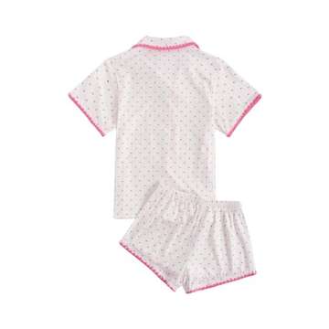 Verdusa Women's 2 Piece Button Front Short Sleeve Top and Short Sleepwear Pajama Sets White and Pink M