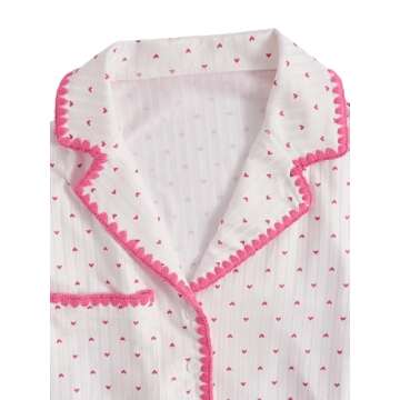 Verdusa Women's 2 Piece Button Front Short Sleeve Top and Short Sleepwear Pajama Sets White and Pink M