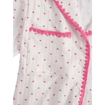 Verdusa Women's 2 Piece Button Front Short Sleeve Top and Short Sleepwear Pajama Sets White and Pink M