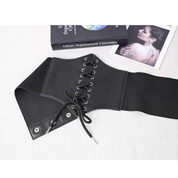 XZQTIVE Black Corset Waist Belt for Women, Wide Elastic Tie Waspie Belt for Dresses 4.7inch