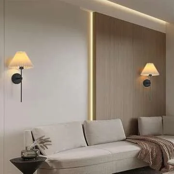 Battery Operated Wall Sconces Set of Two,Rechargeable Wall Lights with Timer,Indoor Non Hardwired Wall Lamp Light Fixtures Black with White Fabric Shade for Bedroom Living Room Bathroom