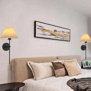 Battery Operated Wall Sconces Set of Two,Rechargeable Wall Lights with Timer,Indoor Non Hardwired Wall Lamp Light Fixtures Black with White Fabric Shade for Bedroom Living Room Bathroom