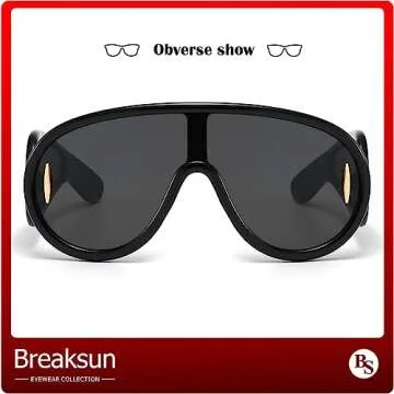 Breaksun Fashion Wave Mask Sunglasses for Women Men Oversized Silver Mirrored Futuristic Shield Sun Glasses Designer Style (Black/Grey)