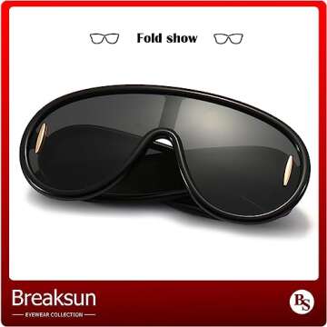 Breaksun Fashion Wave Mask Sunglasses for Women Men Oversized Silver Mirrored Futuristic Shield Sun Glasses Designer Style (Black/Grey)