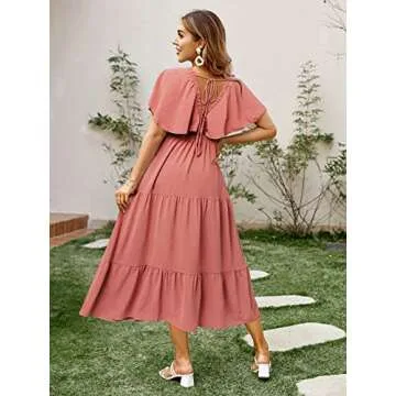 Amegoya Women's Summer Maternity Short Sleeve Maxi Dress Boho V Neck Maternity Photoshoot Long Dress (XL Red)