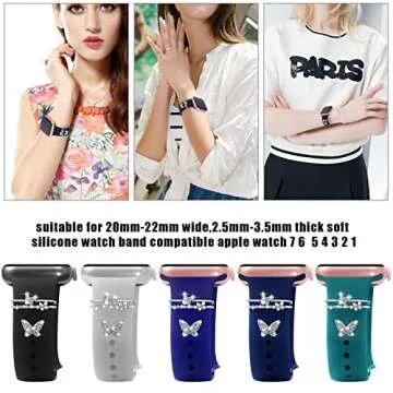 Idealiveny Metal-Decorative-Rings-Loops Compatible for Iwatch 38mm 40mm 42mm 44mm Sparkles Jewelry-Accessories-Charms for Watch Band Series 6/5/4/3/2/1 Bling Watch Band Charm (butterfly set)
