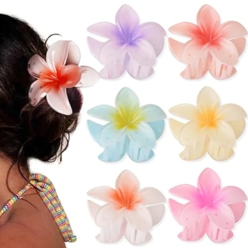 6Pack Plumeria Flower Hair Clips - Trendy Gradient Acrylic Hair Accessories