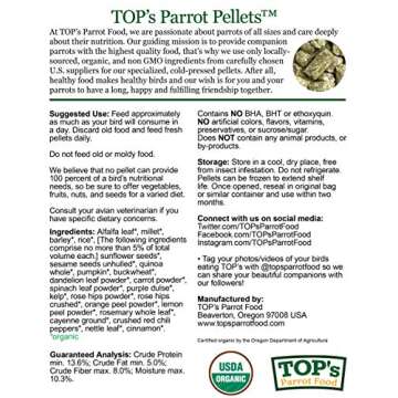 TOP's Parrot Food Bird Pellets for Small Hookbills - Non-GMO, Peanut Soy & Corn Free, USDA Organic C...