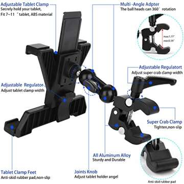 iTODOS Tablet Holder for Spin Bike, Stroller,Treadmill,Golf Cart, Wheelchair,Stationary Bike,Microphone Stand, Adjustable 7~11" Tablet Clip Fits iPad,Samsung Galaxy Tab, Google Nexus, Fire HD and GPS