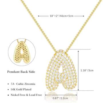 KissYan Bubble Letter Necklace, 14K Gold Plated Balloon Initial Pendant Box Chain Necklace Dainty Pave CZ Jewelry Gift for Women(Gold G)