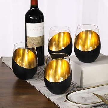 MyGift Modern Matte Black and Gold Tilted Design Stemless Wine Glasses Tumblers - 17 oz, Set of 6