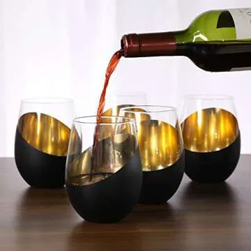 MyGift Modern Matte Black and Gold Tilted Design Stemless Wine Glasses Tumblers - 17 oz, Set of 6