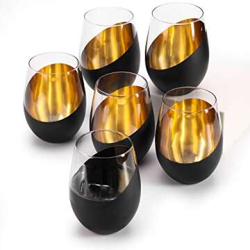 MyGift Modern Matte Black and Gold Tilted Design Stemless Wine Glasses Tumblers - 17 oz, Set of 6