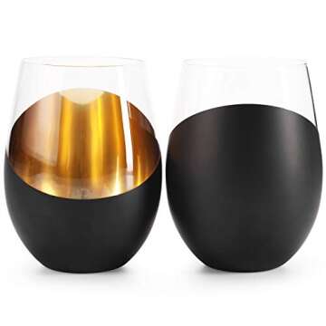 MyGift Modern Matte Black and Gold Tilted Design Stemless Wine Glasses Tumblers - 17 oz, Set of 6