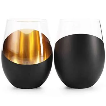 MyGift Modern Matte Black and Gold Tilted Design Stemless Wine Glasses Tumblers - 17 oz, Set of 6