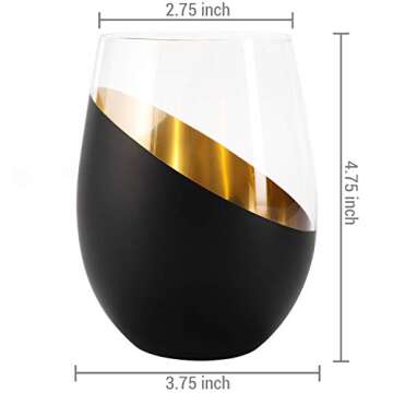 MyGift Modern Matte Black and Gold Tilted Design Stemless Wine Glasses Tumblers - 17 oz, Set of 6