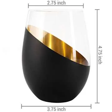 MyGift Modern Matte Black and Gold Tilted Design Stemless Wine Glasses Tumblers - 17 oz, Set of 6