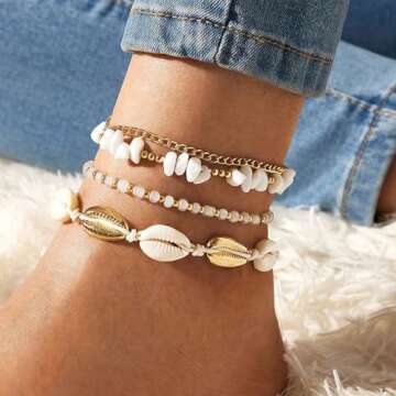 Qceasiy Shell Ankle Bracelet Set for Women, 14K Gold Boho Bead Adjustable Anklet, Hawaiian Beach Sea...