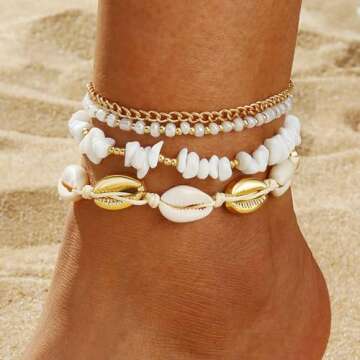 Qceasiy Shell Ankle Bracelet Set for Women, 14K Gold Boho Bead Adjustable Anklet, Hawaiian Beach Seashell Pearl Heart Starfish Conch Foot Jewelry Gifts(Stone Shell 4Pcs)