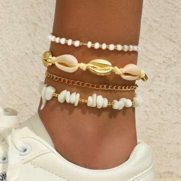Qceasiy Shell Ankle Bracelet Set for Women, 14K Gold Boho Bead Adjustable Anklet, Hawaiian Beach Seashell Pearl Heart Starfish Conch Foot Jewelry Gifts(Stone Shell 4Pcs)