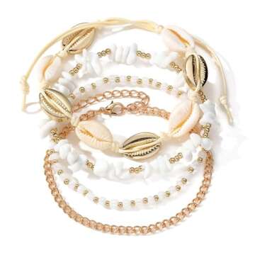 Qceasiy Shell Ankle Bracelet Set for Women, 14K Gold Boho Bead Adjustable Anklet, Hawaiian Beach Seashell Pearl Heart Starfish Conch Foot Jewelry Gifts(Stone Shell 4Pcs)