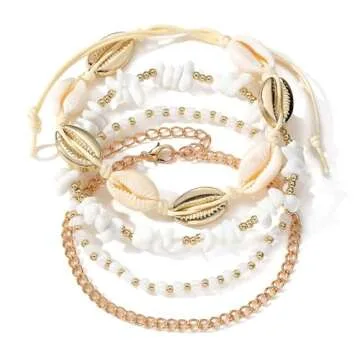 Qceasiy Shell Ankle Bracelet Set for Women, 14K Gold Boho Bead Adjustable Anklet, Hawaiian Beach Seashell Pearl Heart Starfish Conch Foot Jewelry Gifts(Stone Shell 4Pcs)