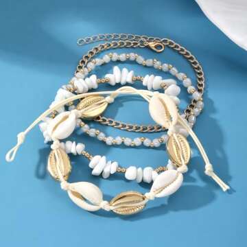 Qceasiy Shell Ankle Bracelet Set for Women, 14K Gold Boho Bead Adjustable Anklet, Hawaiian Beach Seashell Pearl Heart Starfish Conch Foot Jewelry Gifts(Stone Shell 4Pcs)