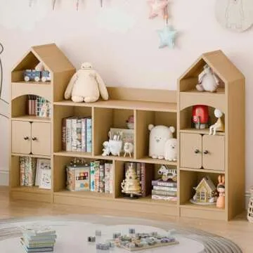 Vabches Castle Shape Children's Bookshelf, Kids Bookcase Display Case Kids Toy Storage Organizer Multifunctional Storage Cabinet Bookshelf Suitable for Playroom, Children's Room, Living Room, Oak