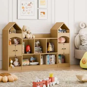 Vabches Castle Shape Children's Bookshelf, Kids Bookcase Display Case Kids Toy Storage Organizer Multifunctional Storage Cabinet Bookshelf Suitable for Playroom, Children's Room, Living Room, Oak