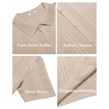 COOFANDY Men's Knit Shirts Short Sleeve Button Up Polo Shirt Fashion Casual Summer Beach Shirts, Apricot, X-Large
