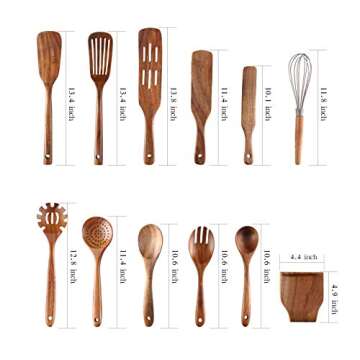 Kitchen Utensils Set, NAYAHOSE 12 Pcs Teak Wooden Cooking Spoons Spatula Spurtles Kit with Spoon Rest Whisk, Non-stick Natural Kitchen Tools
