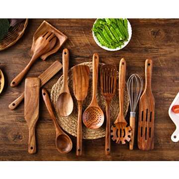 Kitchen Utensils Set, NAYAHOSE 12 Pcs Teak Wooden Cooking Spoons Spatula Spurtles Kit with Spoon Rest Whisk, Non-stick Natural Kitchen Tools
