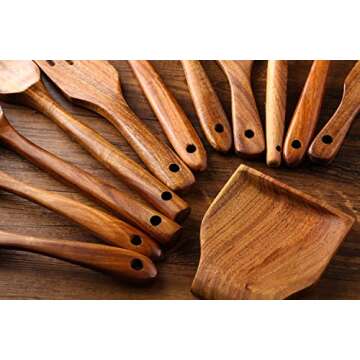 Kitchen Utensils Set, NAYAHOSE 12 Pcs Teak Wooden Cooking Spoons Spatula Spurtles Kit with Spoon Rest Whisk, Non-stick Natural Kitchen Tools