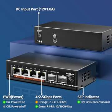 6 Port 2.5G Unmanaged Ethernet Switch, 4 x 2.5G Base-T Ports, 2 x 10G SFP, Compatible with 100/1000/2500Mbps, VLAN, Fanless, Desktop/Wall Mount YuanLey 2.5Gbe Network Switch for Wireless AP, NAS, PC