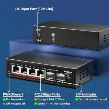6 Port 2.5G Unmanaged Ethernet Switch, 4 x 2.5G Base-T Ports, 2 x 10G SFP, Compatible with 100/1000/2500Mbps, VLAN, Fanless, Desktop/Wall Mount YuanLey 2.5Gbe Network Switch for Wireless AP, NAS, PC