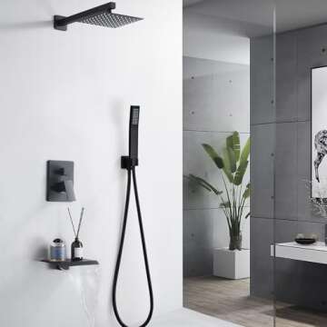 RTOBWEYE 8 Inch Shower Faucet Set, Rainfall Shower System with High Pressure Handheld Shower Head, Bathroom Mixer Shower Set Wall Mounted Rough-in Valve and Trim Kit, with Tub Spout