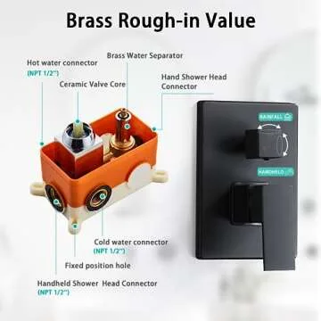 RTOBWEYE 8 Inch Shower Faucet Set, Rainfall Shower System with High Pressure Handheld Shower Head, Bathroom Mixer Shower Set Wall Mounted Rough-in Valve and Trim Kit, with Tub Spout