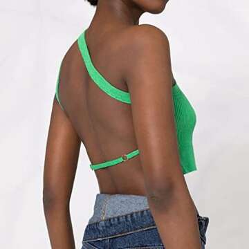 Meladyan Women One Shoulder Knitted Crop Tank Top Sexy Sleeveless Backless Slim Fit Cropped Vest Cami Clubwear Green,Small